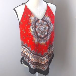 Flowy Hem Tank Top / Red & Black Print / Large